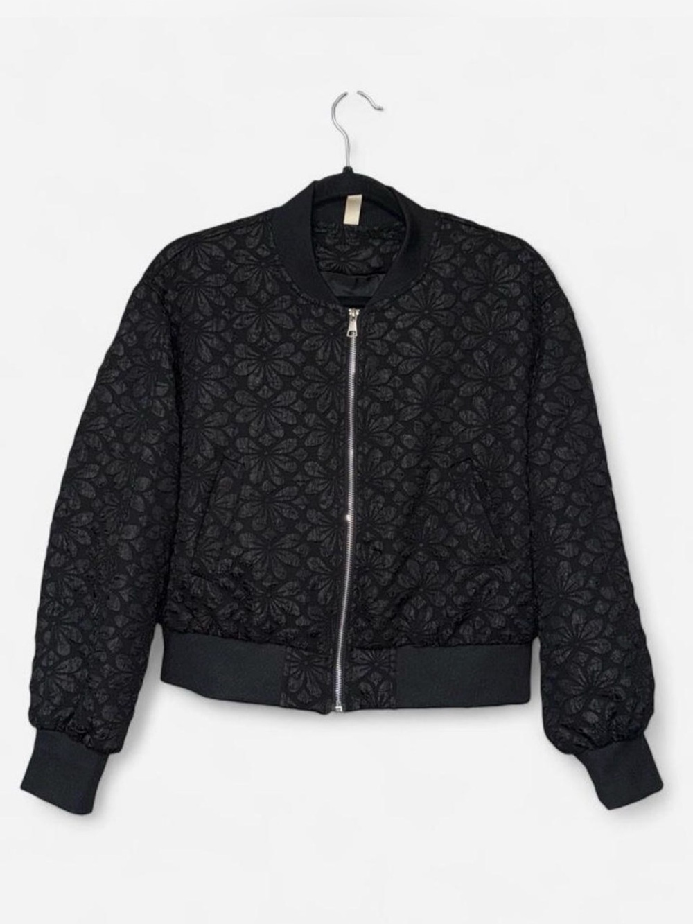 Black Quilted Floral Bomber Jacket - Women